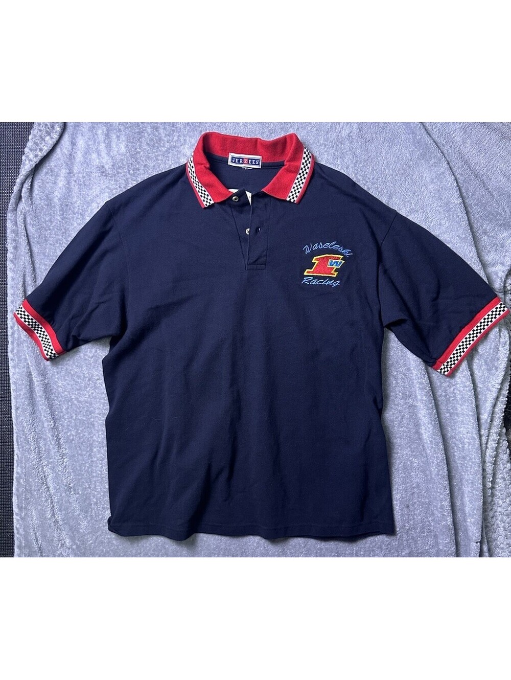 Vintage 90s Jerzees Waseleski Racing WISSOTA Dirt Track Polo Shirt Checkered